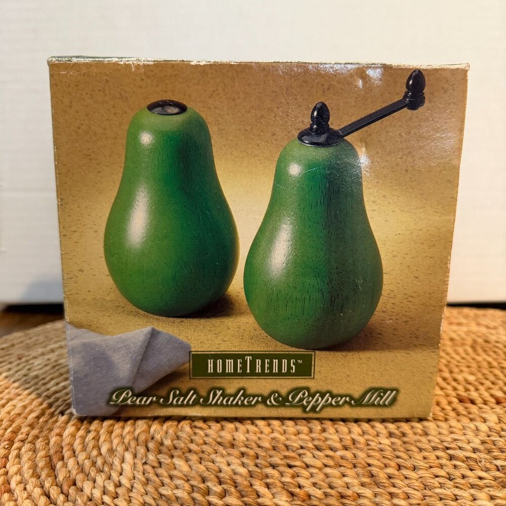 HomeTrends Pear Salt Shaker Pepper Mill Green Wood Made Taiwan Original Box